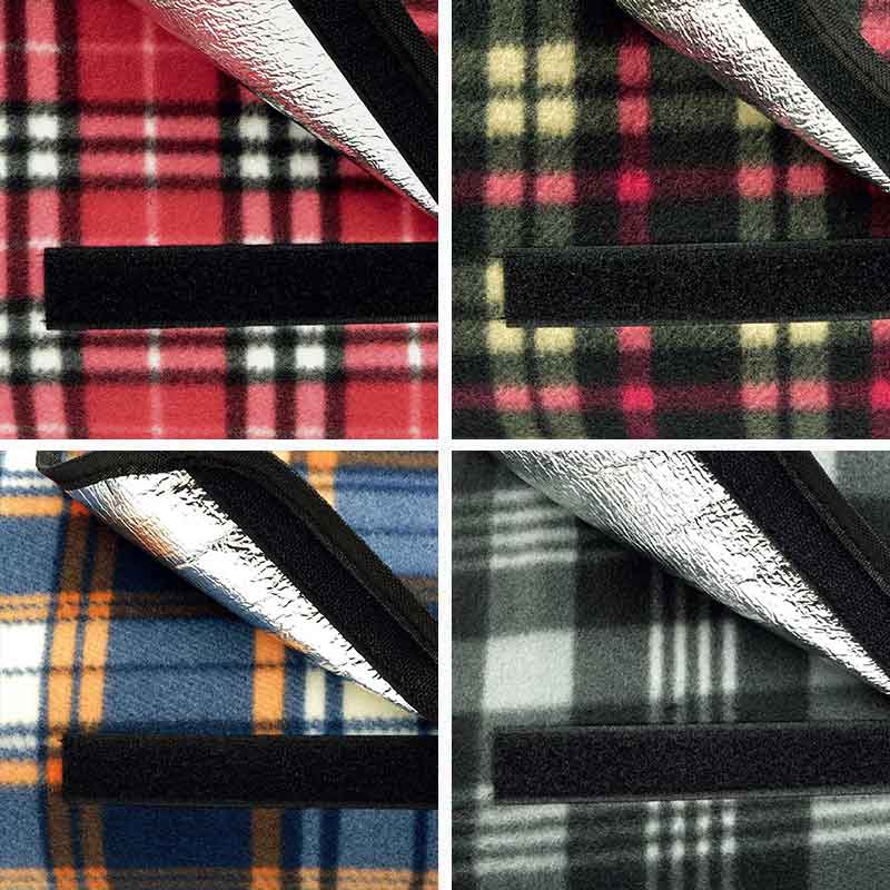 Plaid fleece fabric and waterproof backing close up